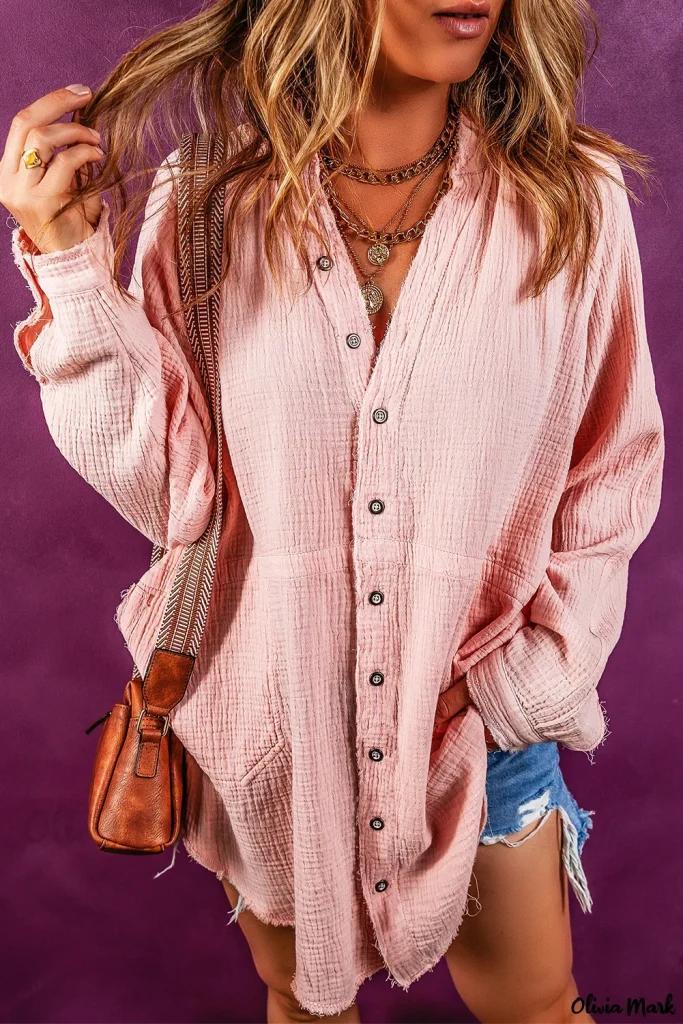 Olivia Mark – Statement Pink Crinkled Tunic Shirt with Frayed Hem – Oversized Fit Product Image