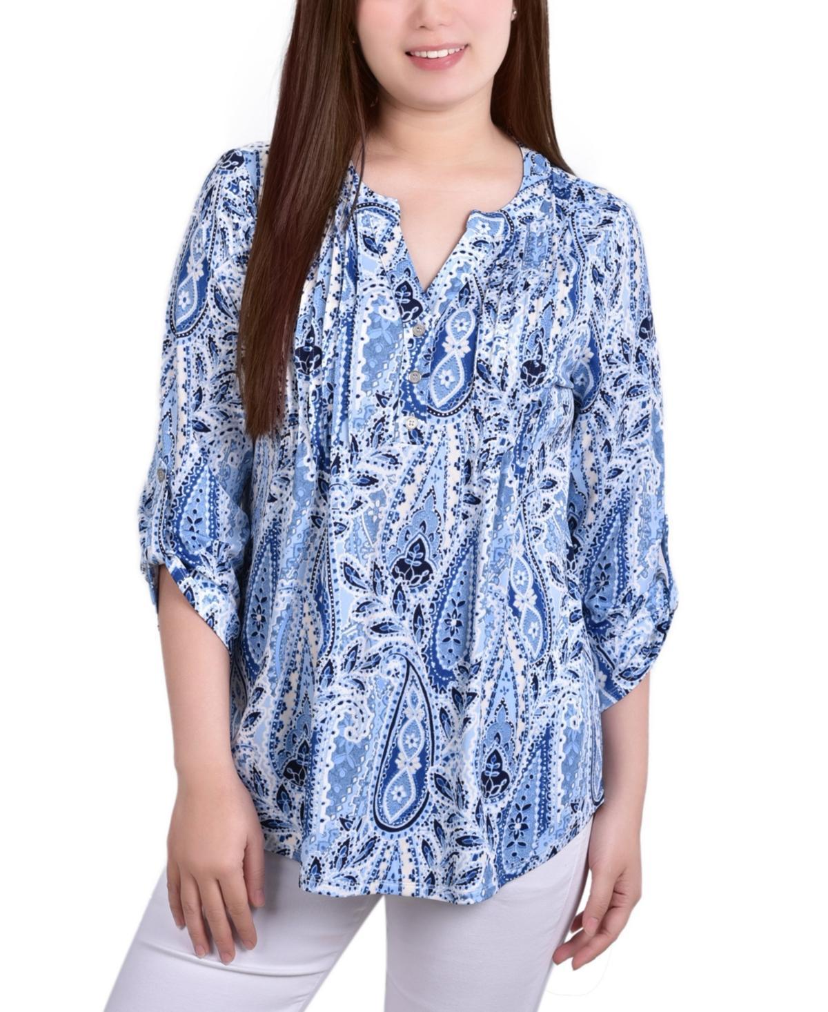 Womens Knit Jacquard 3/4 Sleeve Roll Tab Top Product Image