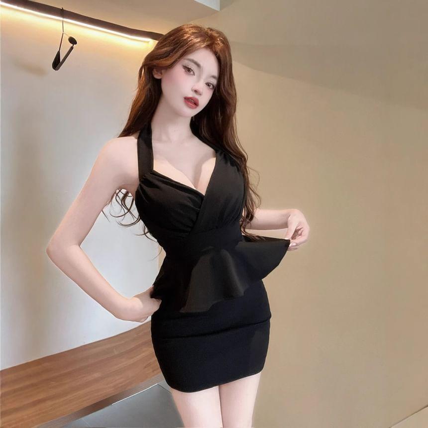 Mock Two-Piece Halter Neck Peplum Mini Bodycon Dress Product Image