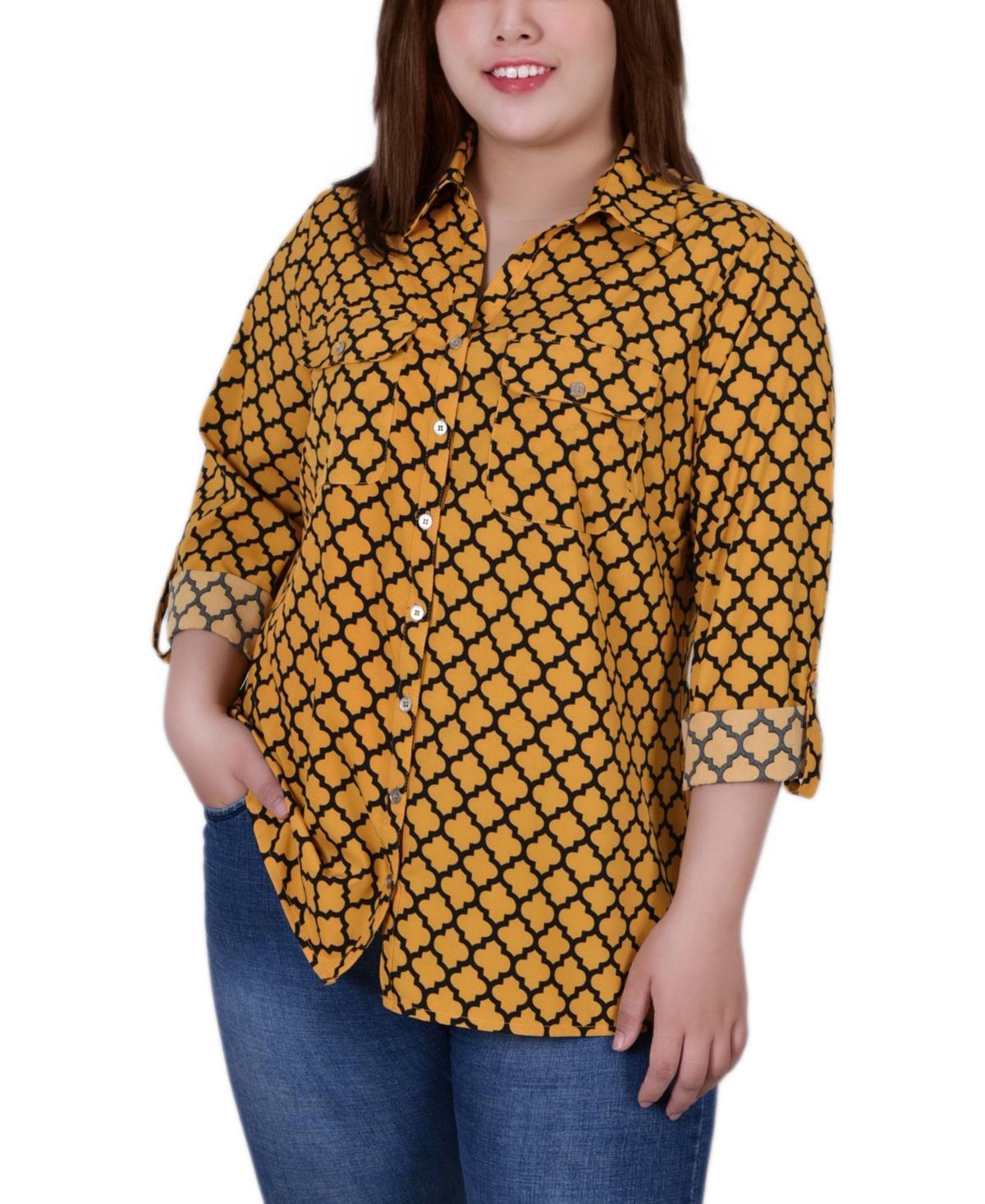 Ny Collection Plus Size 3/4 Sleeve Roll Tab Notch Collar Blouse Product Image