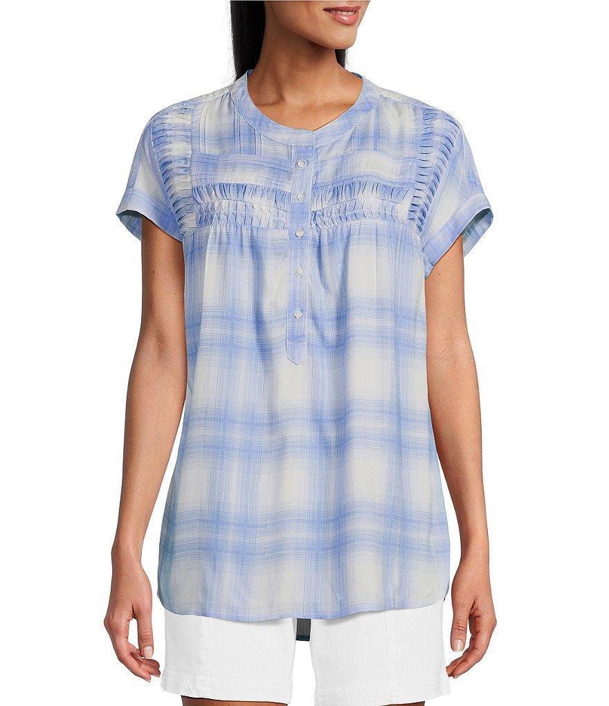 Intro Plaid Woven Pleated Yoke Band Round Neckline Cuffed Short Sleeve Half Button Front Placket Popover Shirt Product Image