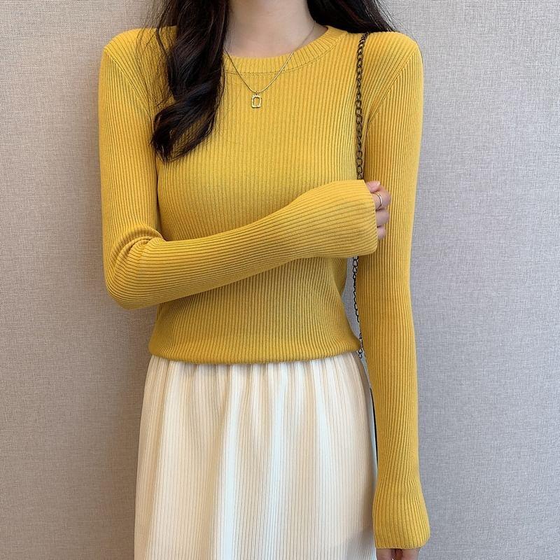 Long Sleeve Round Neck Plain Ribbed Knit Top Product Image