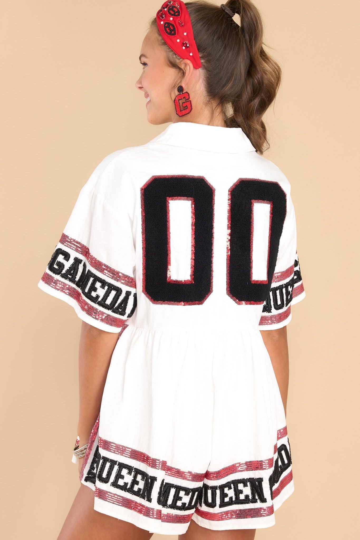 White, Black, & Red Jersey Queen Romper Product Image