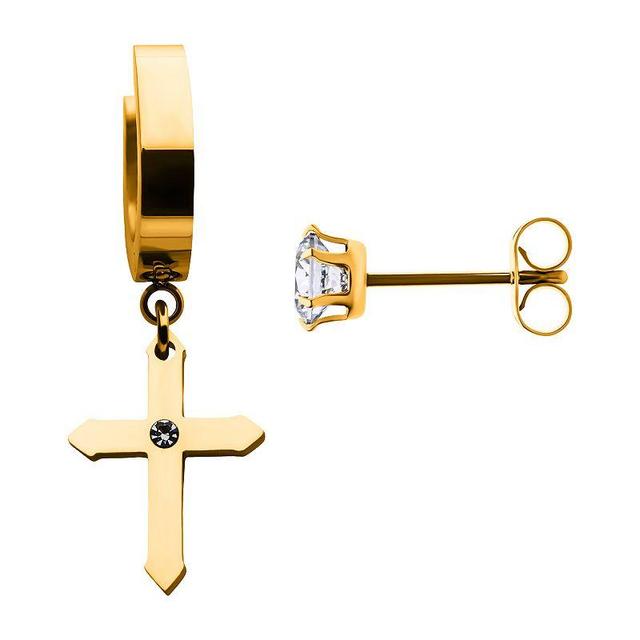 Cross Ion-Plated Stainless Steel Hoop Drop & Cubic Zirconia Stud Mismatched Earrings, Womens, Gold Tone Product Image