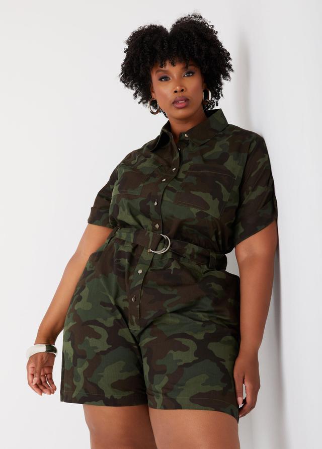 Plus Size Camo Cotton Twill Utility Romper Ashley Stewart Product Image