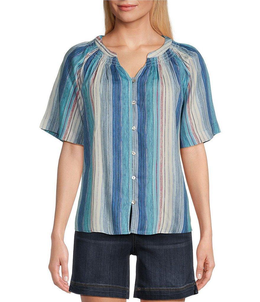 Westbound Stripe Woven Short Sleeve Y-Neck Button Front Top Product Image