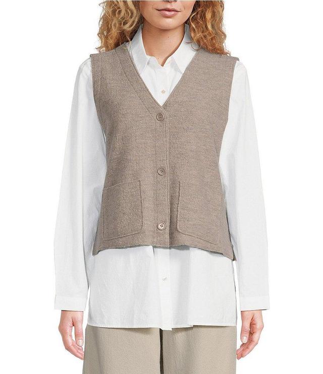 Eileen Fisher Lightweight Boiled Wool V-Neck Sleeveless Pocketed Button Front Vest Product Image