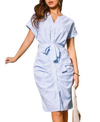 Women's Belted Sash Ruched Shirt Beach Dress Product Image