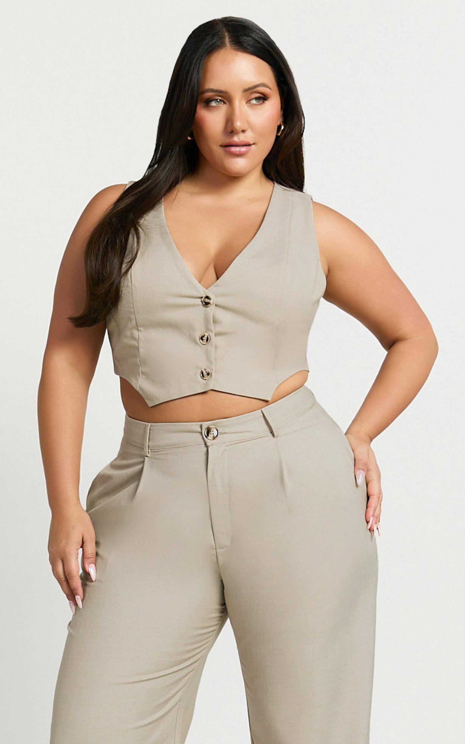 Izara Vest - V Neck Button Up Cropped Vest in Oatmeal Product Image