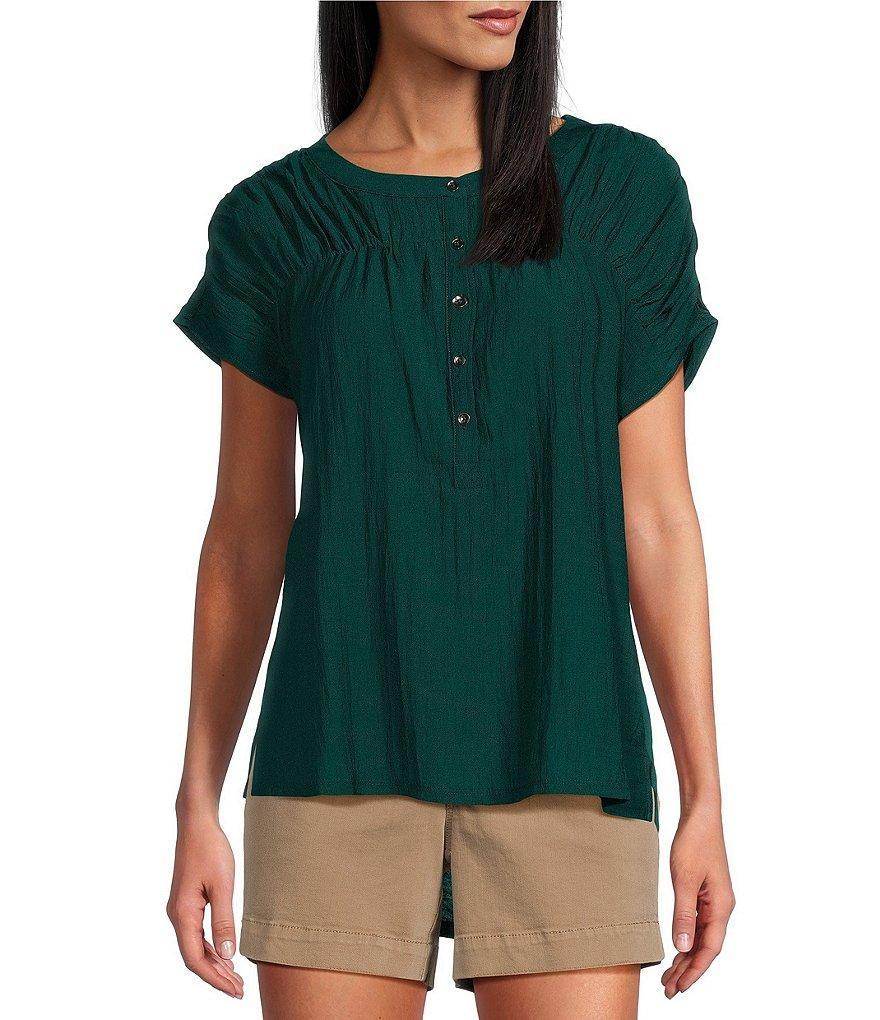 Westbound Short Sleeve Ruched Linen Blend Henley Top Product Image