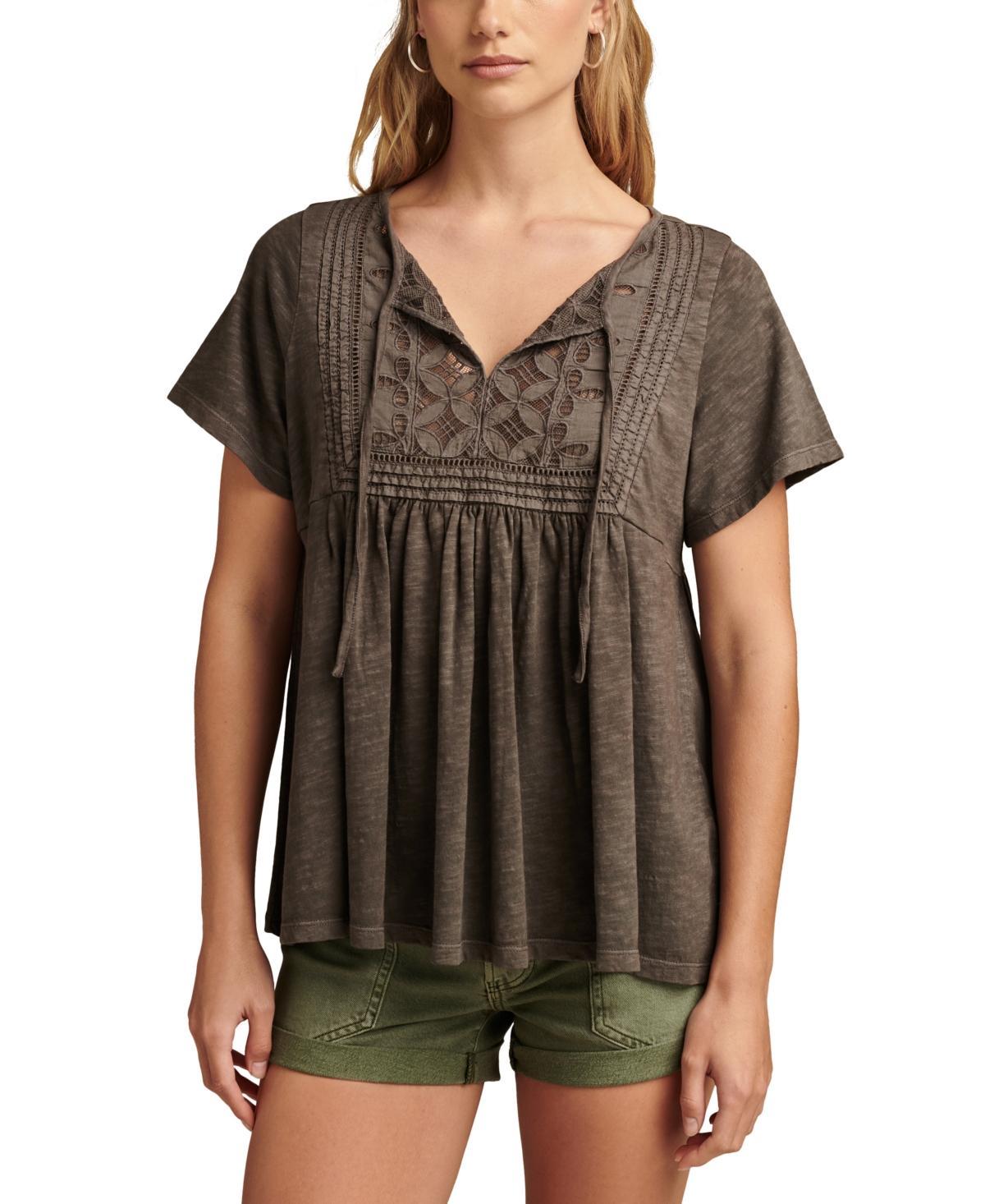 Lucky Brand Womens Cotton Embroidered Babydoll Tie-Neck Top Product Image