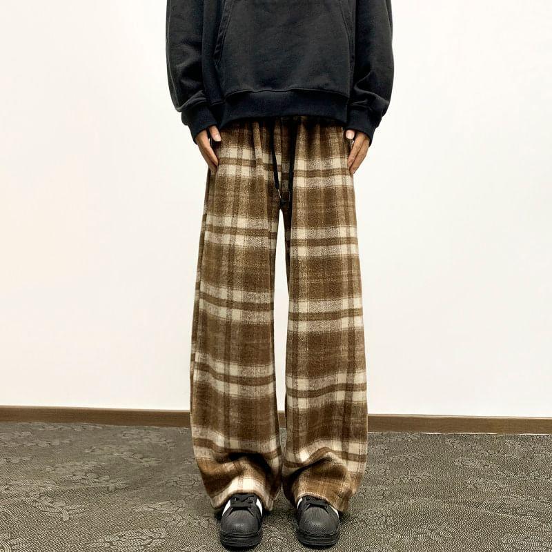 Mid Rise Plaid Wide Leg Pants Product Image