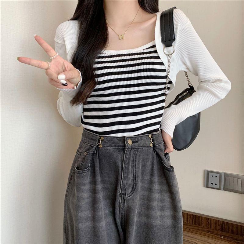 Square Neck Striped Panel Cropped Sweater Product Image