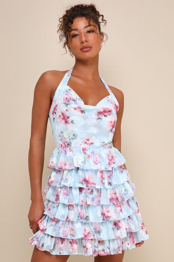 Trending Adorable Light Blue Floral Tiered Halter Mini Dress product image