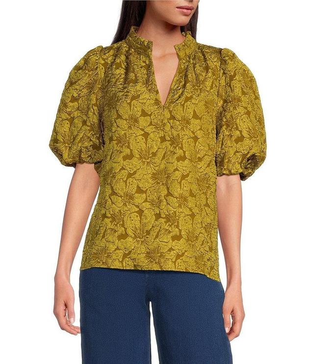 Sugarlips Arielle Jacquard Floral Print Split V-Neck Short Puff Sleeve Top Product Image