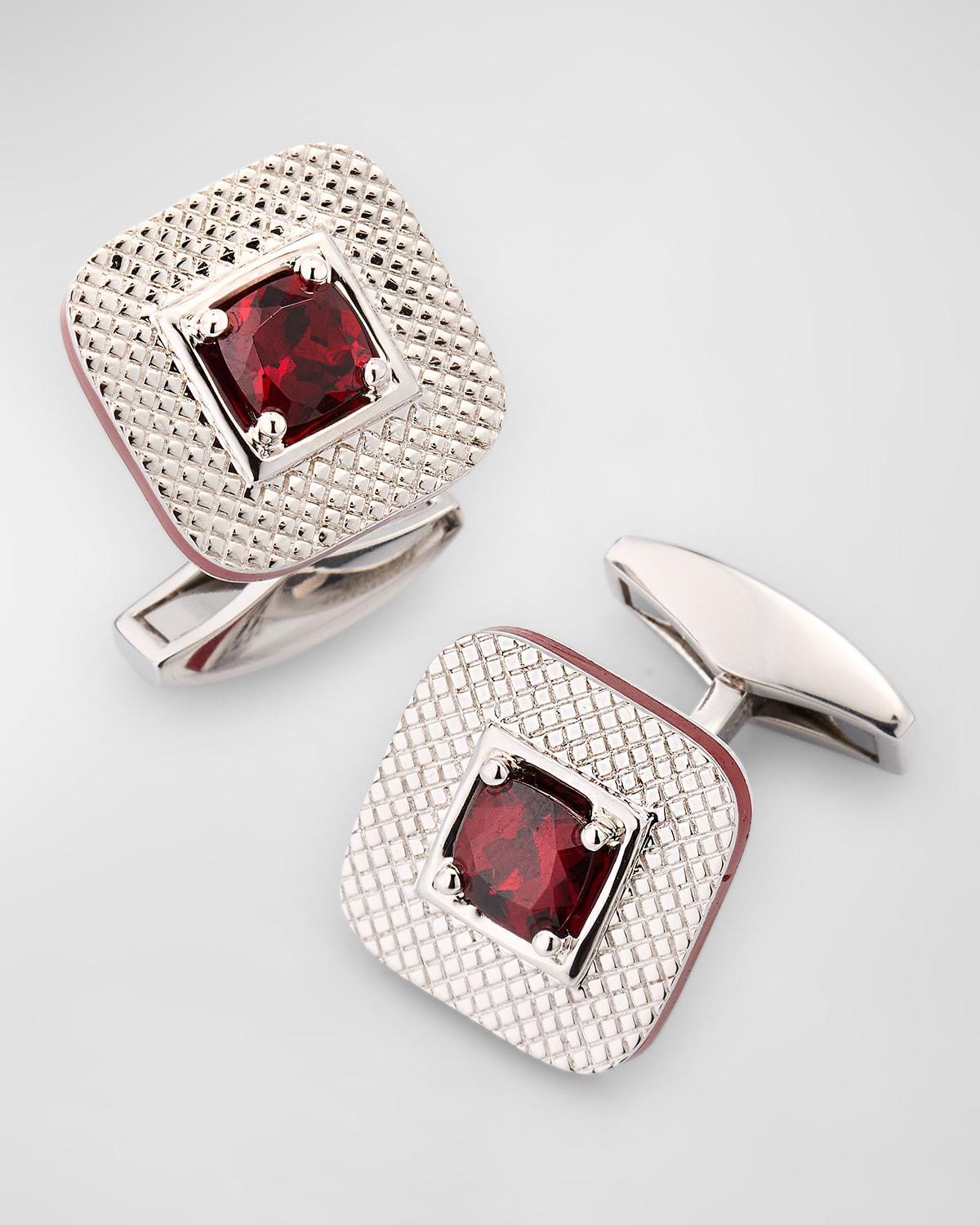 Mens Refratto Cufflinks in Rhodium Silver with Red Garnet Product Image