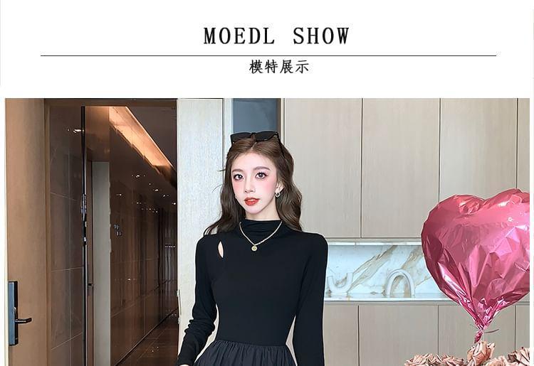 Long Sleeve Mock Neck Plain Gathered Panel Midi A-Line Dress Product Image