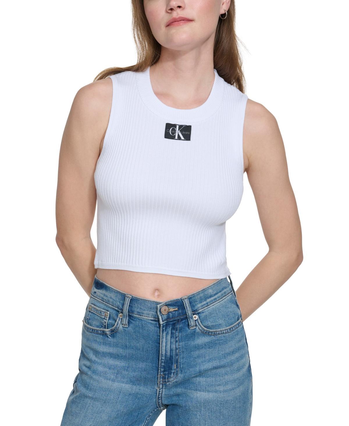 Calvin Klein Jeans Womens Ribbed Angled-Hem Cropped Logo Top Product Image