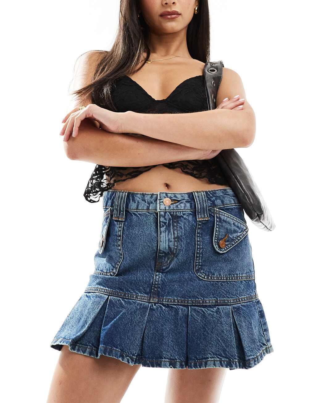 Reclaimed Vintage pleated denim western mini skirt Product Image