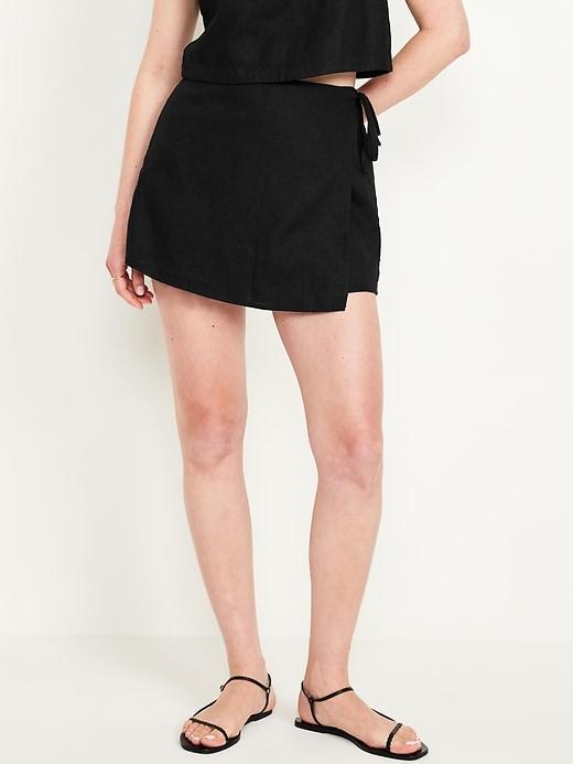 High-Waisted Linen-Blend Wrap-Front Mini Skort Product Image