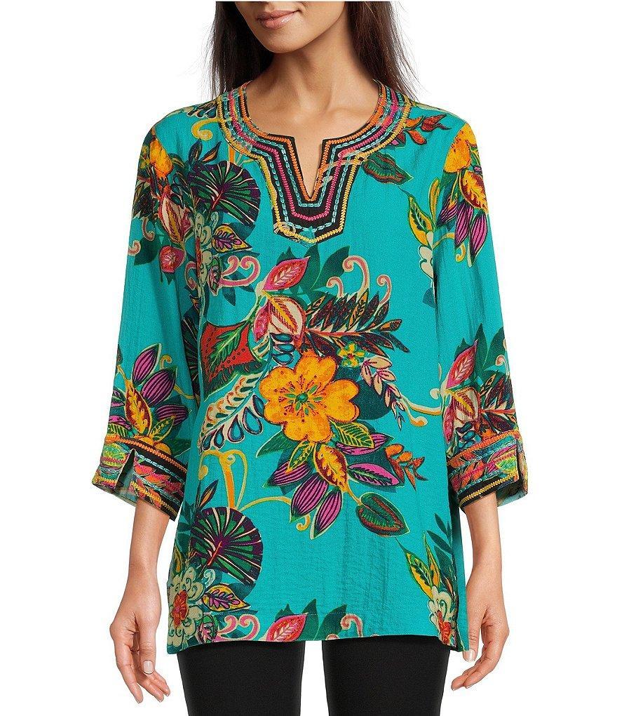 John Mark Embroidered Floral Print Split Neck 3/4 Cuffed Sleeve Woven Tunic Product Image