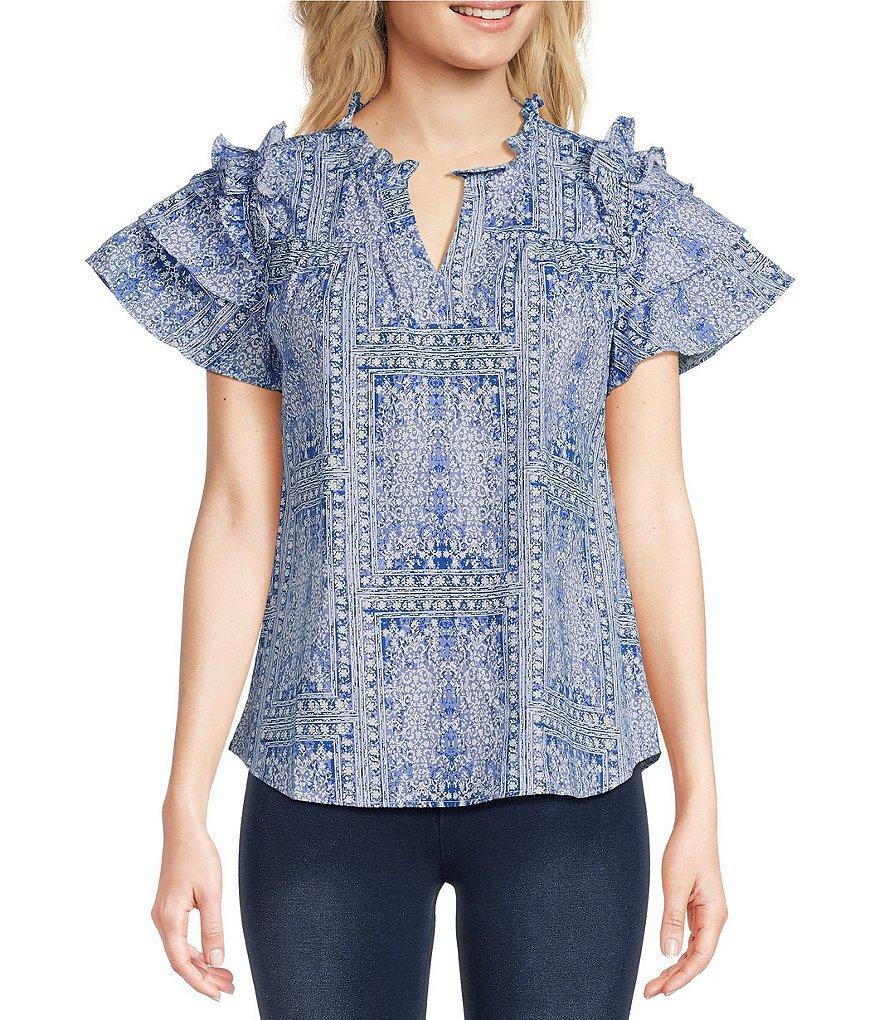 Calessa Mosaic Print Split V-Neck Short Sleeve Ruffle Top product image