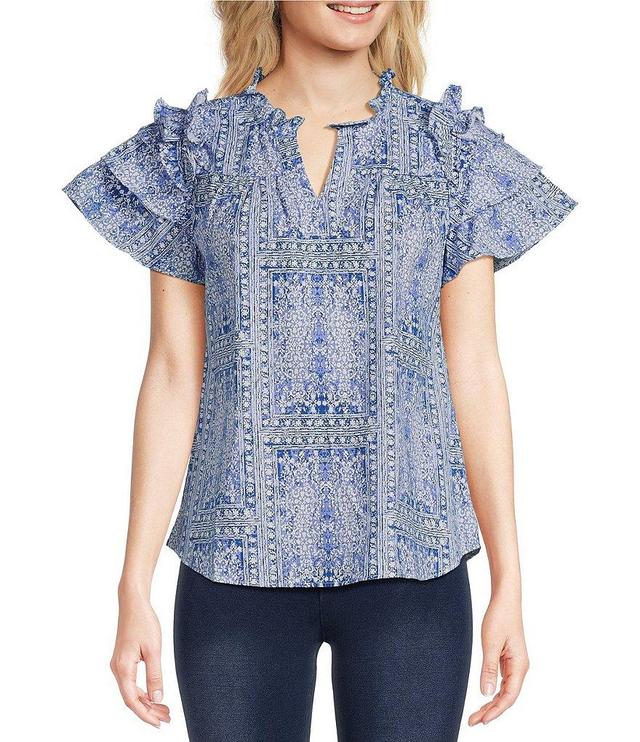 Calessa Mosaic Print Split V-Neck Short Sleeve Ruffle Top Product Image