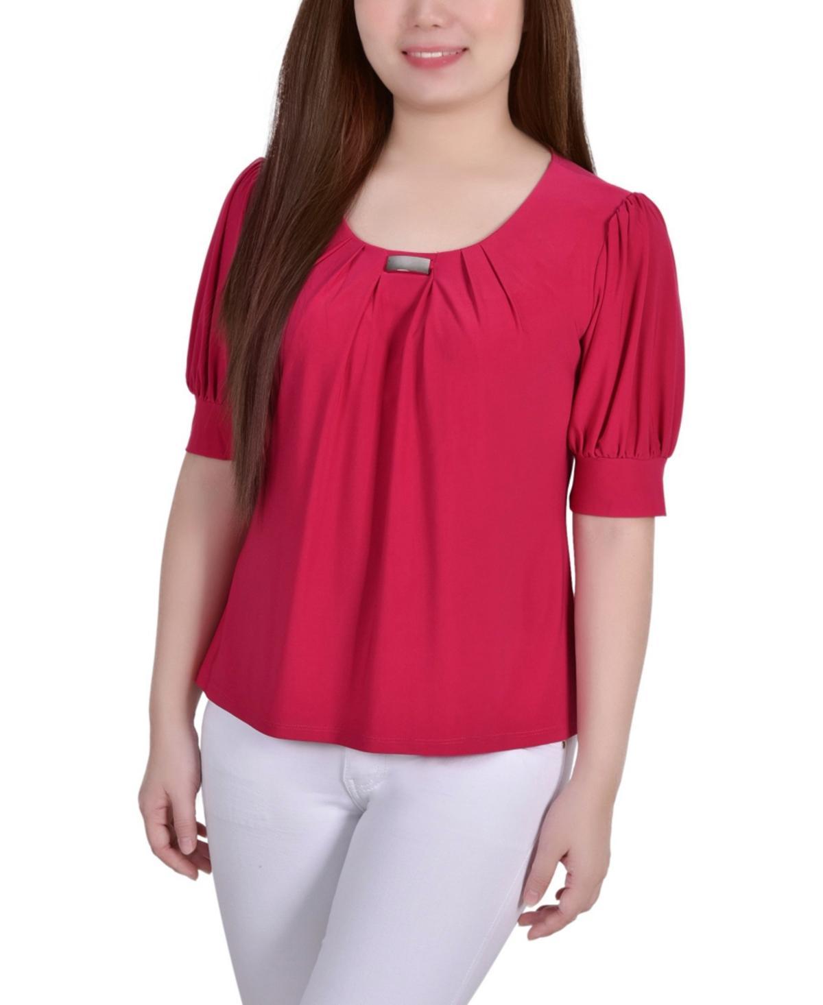 NY Collection Petite Puff Sleeve Pleated Front Blouse -BLUE Product Image