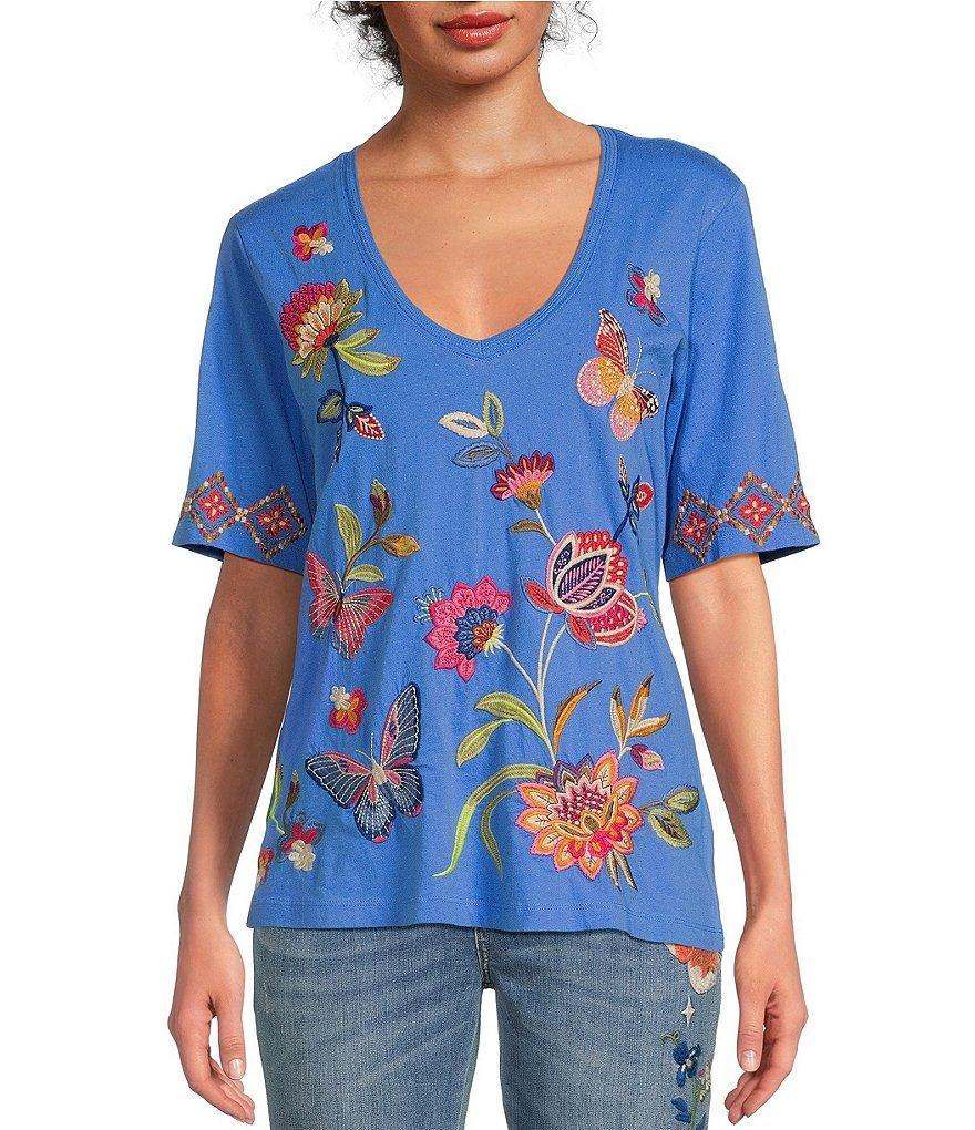 JOHNNY WAS Gracey Knit Jersey V-Neck Short Sleeve Floral Embroidery Top Product Image