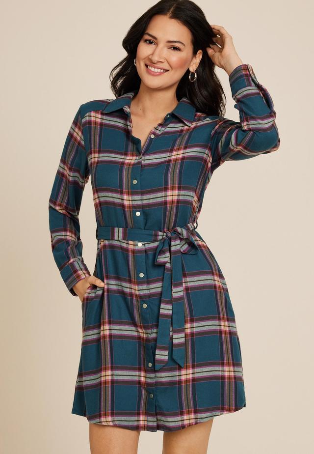 Plaid Tie Waist Mini Shirt Dress Product Image