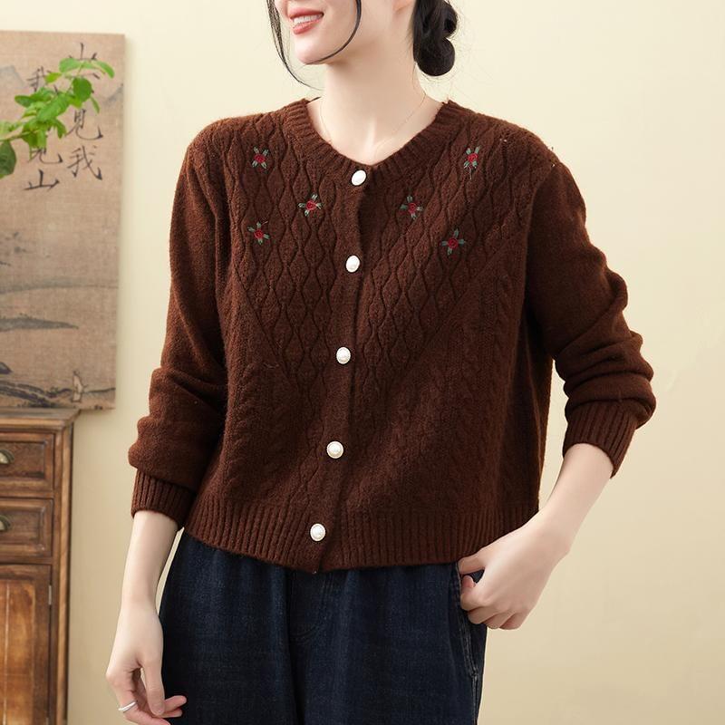 Round Neck Flower Embroidered Cable-Knit Cardigan Product Image