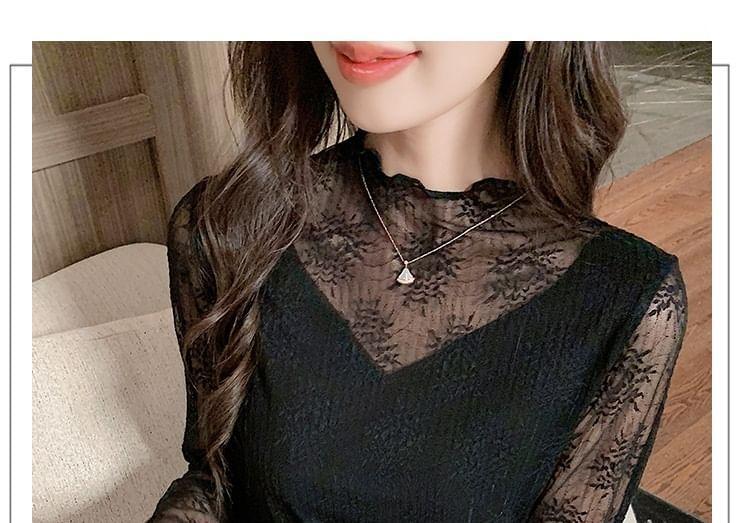 Long-Sleeve Mock Neck Floral Lace Top Product Image