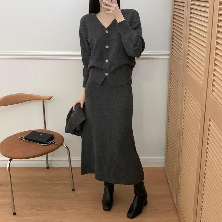 Set: V-Neck Plain Cardigan + Shawl + High Rise Knit Midi A-Line Skirt Product Image