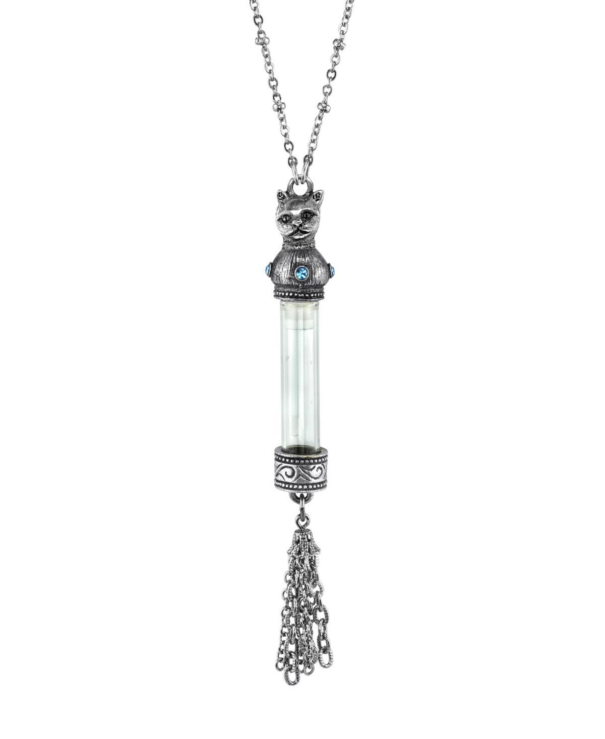 1928 Jewelry Pewter Filigree Blue Crystal Cat Motif Vial Tassel Pendant Necklace, Womens Product Image