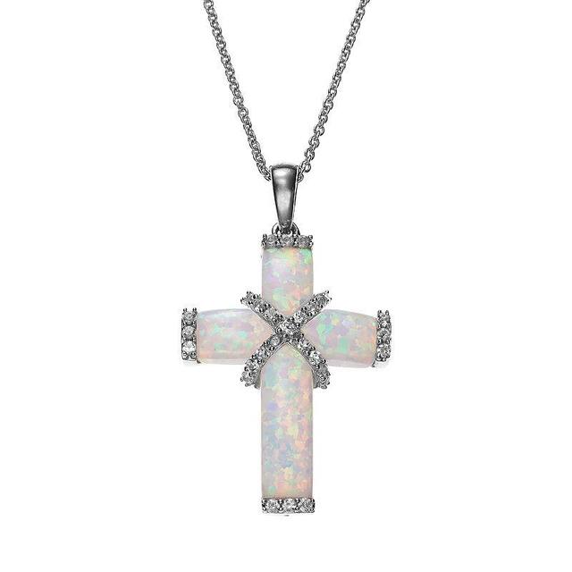 Sterling Silver Lab-Created Opal & White Sapphire Cross Pendant Necklace, Womens Product Image