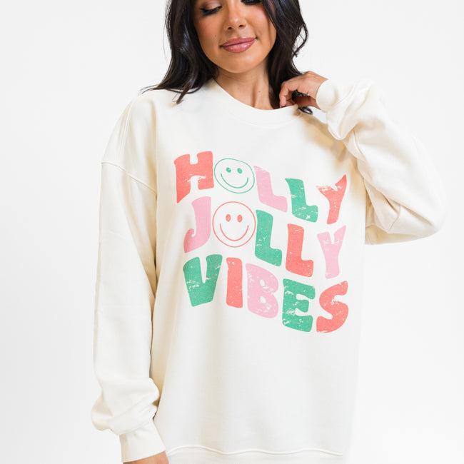 Holly Jolly Vibes Cream Oversized Graphic Sweatshirt Product Image