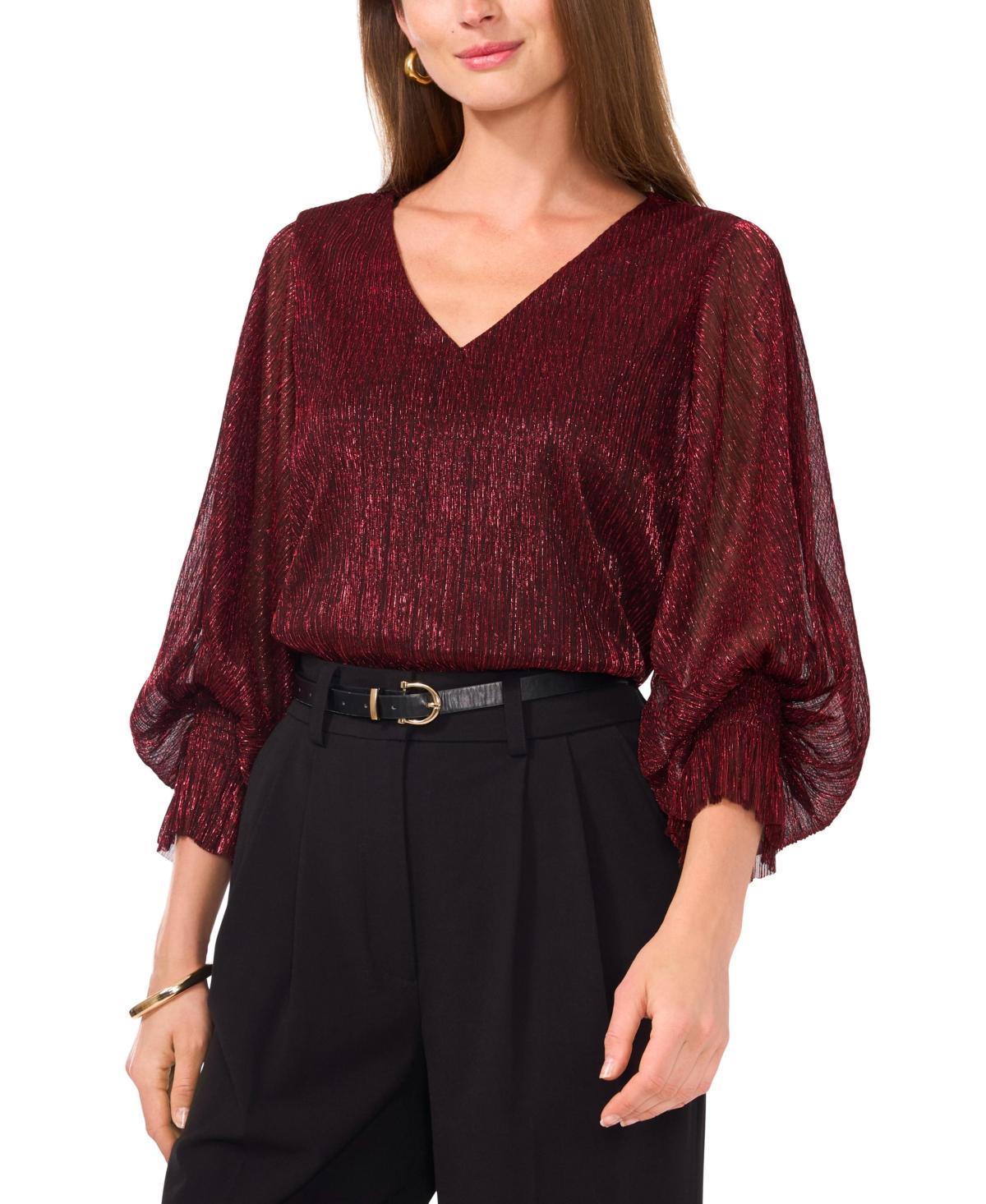 Vince Camuto Womens Metallic V-Neck Smocked-Cuff Blouse Product Image