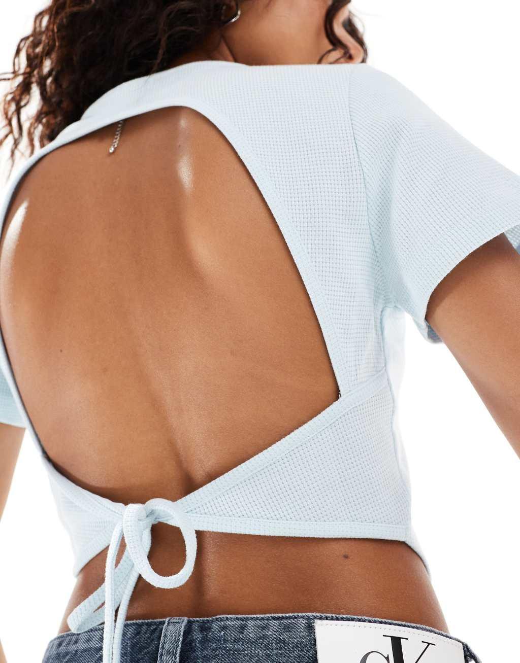 COLLUSION backless tie back crop top in blue Product Image