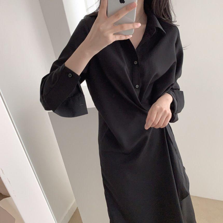 Long-Sleeve Asymmetrical Plain Wrap Midi Shirtdress Product Image