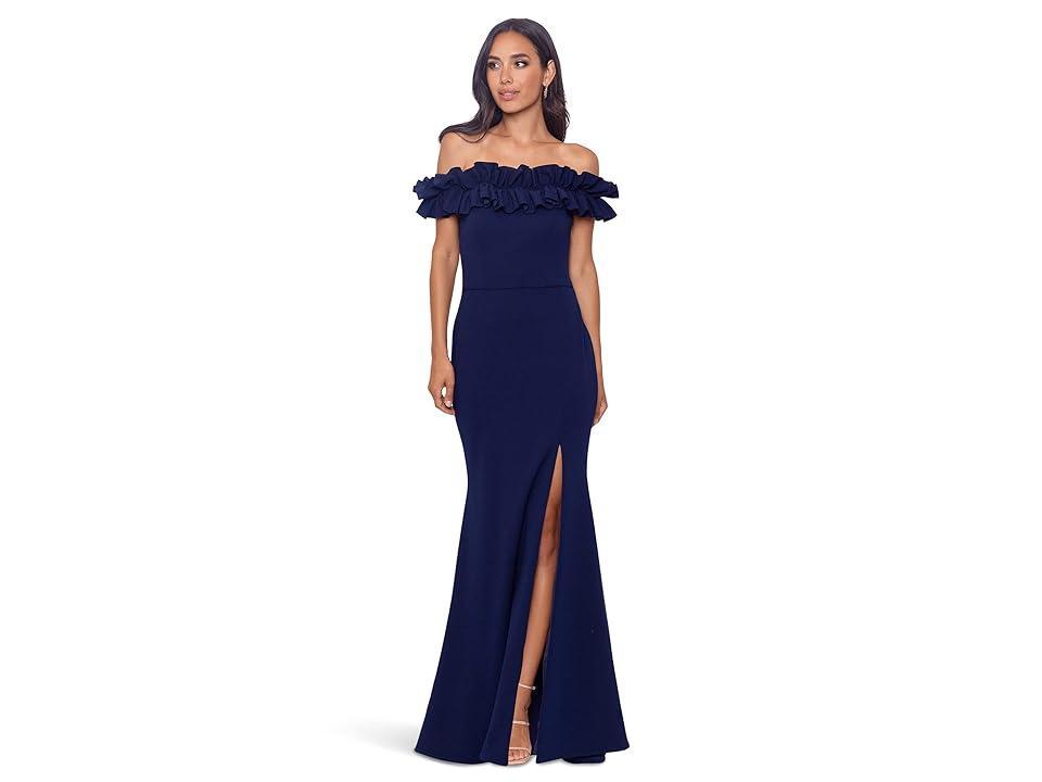 Xscape Evenings Off the Shoulder Ruffle Crepe Trumpet Gown Product Image