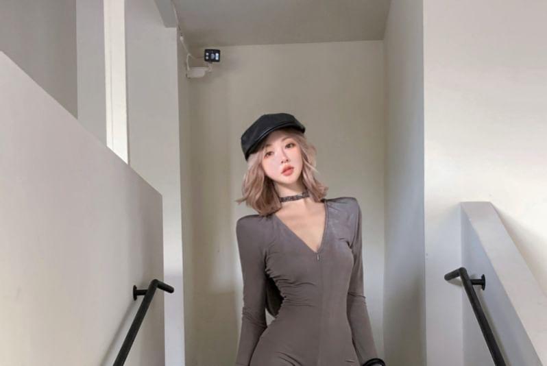 Long-Sleeve V-Neck Plain Flared Jumpsuit Product Image