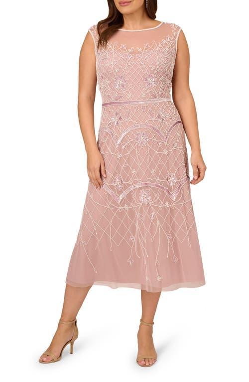 Adrianna Papell Sequin Beaded Illusion Mesh Midi Dress Product Image