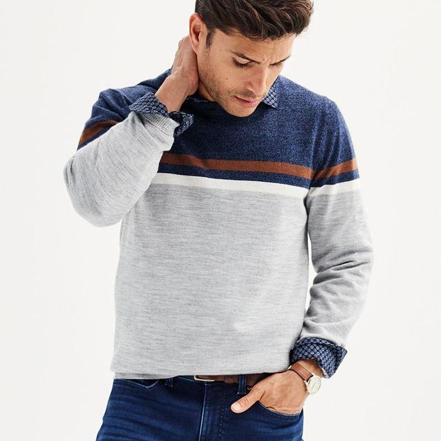 Mens Apt. 9 Merino Wool Colorblock Crewneck Sweater Blue Product Image