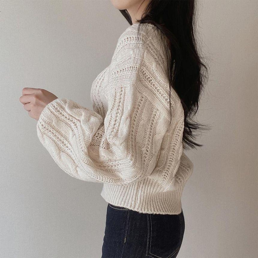 Square Neck Cable Knit Plain Crop Sweater Product Image