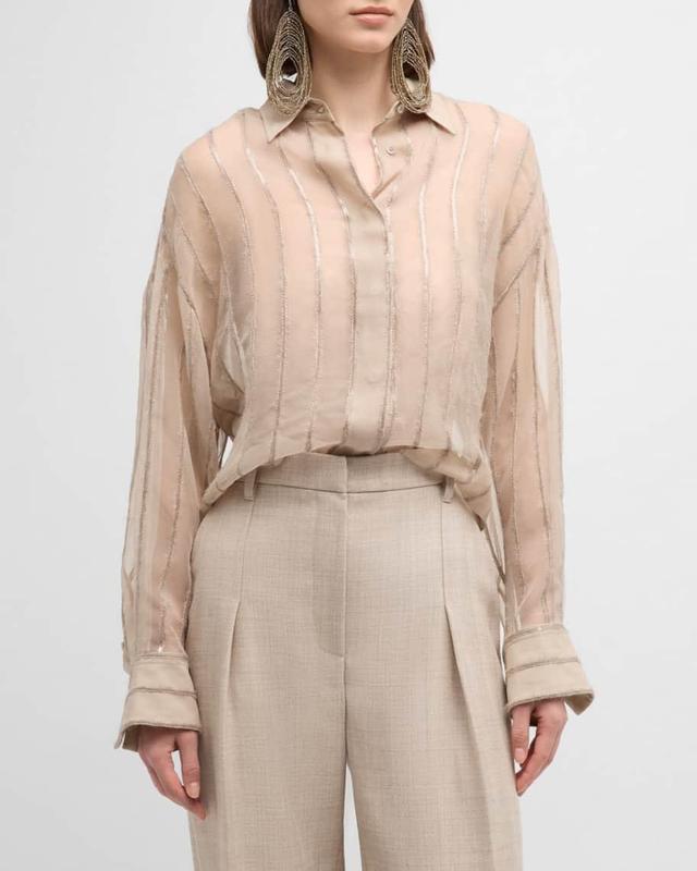 Crispy Silk Button-Front Blouse with Sequin Stripes Product Image