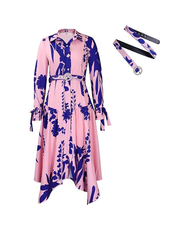 Irregular clipping Long Sleeves Lace-Up Pleated Printed Split-Joint Tied Waist Lapel Maxi Dresses Shirt Dress Product Image