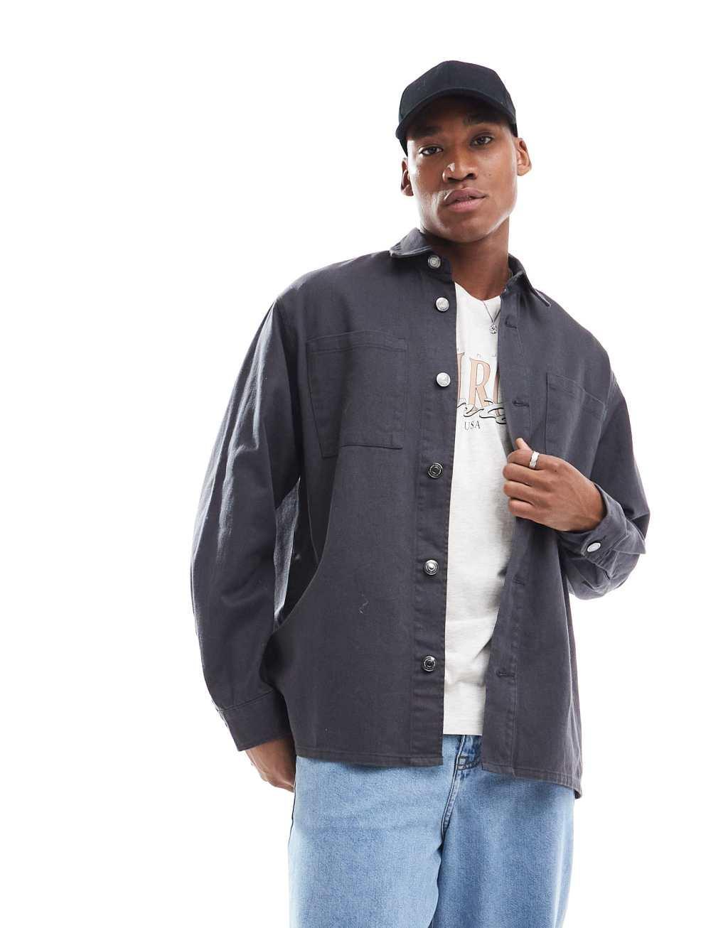 ADPT oversized twill overshirt in dark gray  Product Image