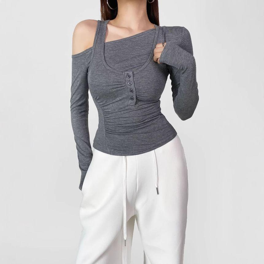 Set: Long-Sleeve One-Shoulder Plain Tee + Henley Ruched Tank Top Product Image