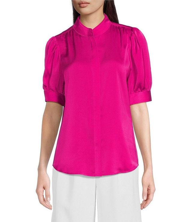 DKNY Suede Satin Puff Short Sleeve Button-Front Blouse Product Image