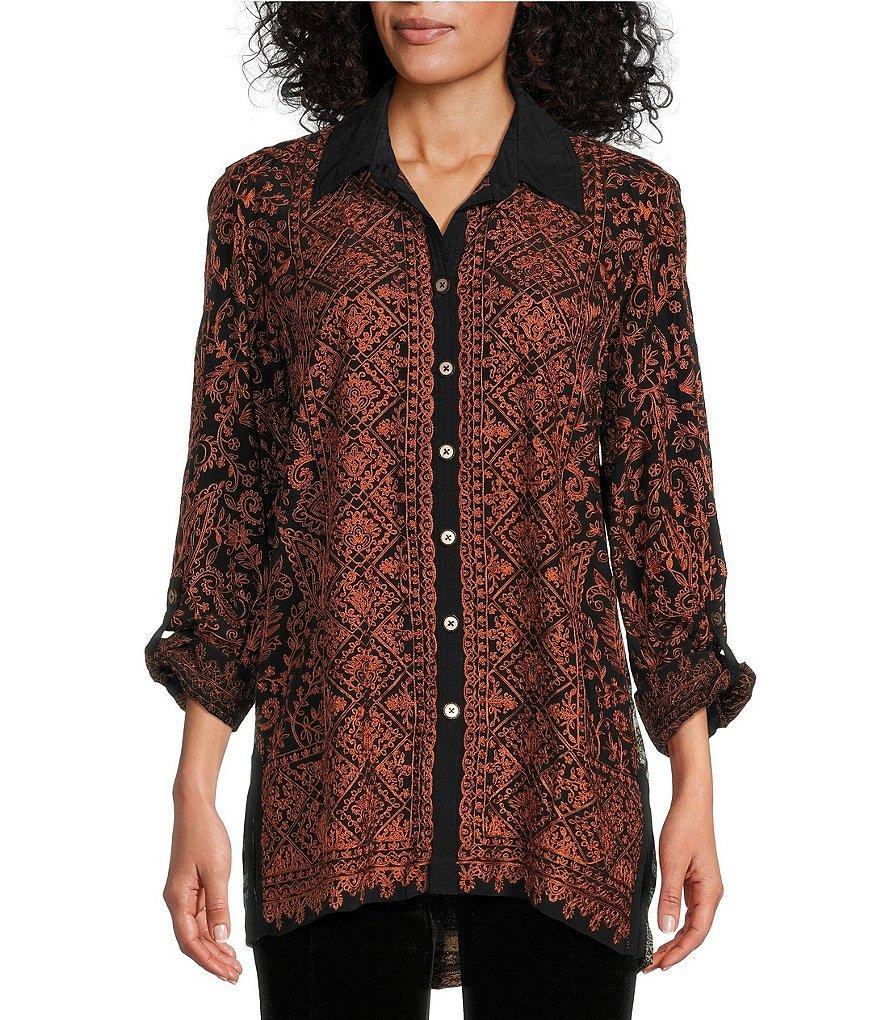 John Mark Woven Jacquard Point Collar Roll-Tab Sleeve Allover Embroidered Button Front Tunic Product Image